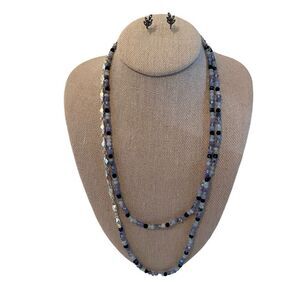 Beautiful Beaded Blue & Silver Toned Long Necklace & Stud Earring Set.